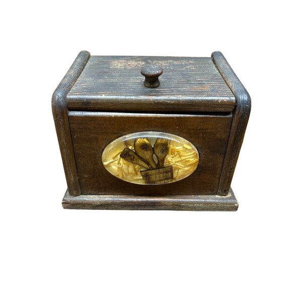 Vintage Wood Recipe Box With Rustic Kitchen Utensil Design - Picture 1 of 9